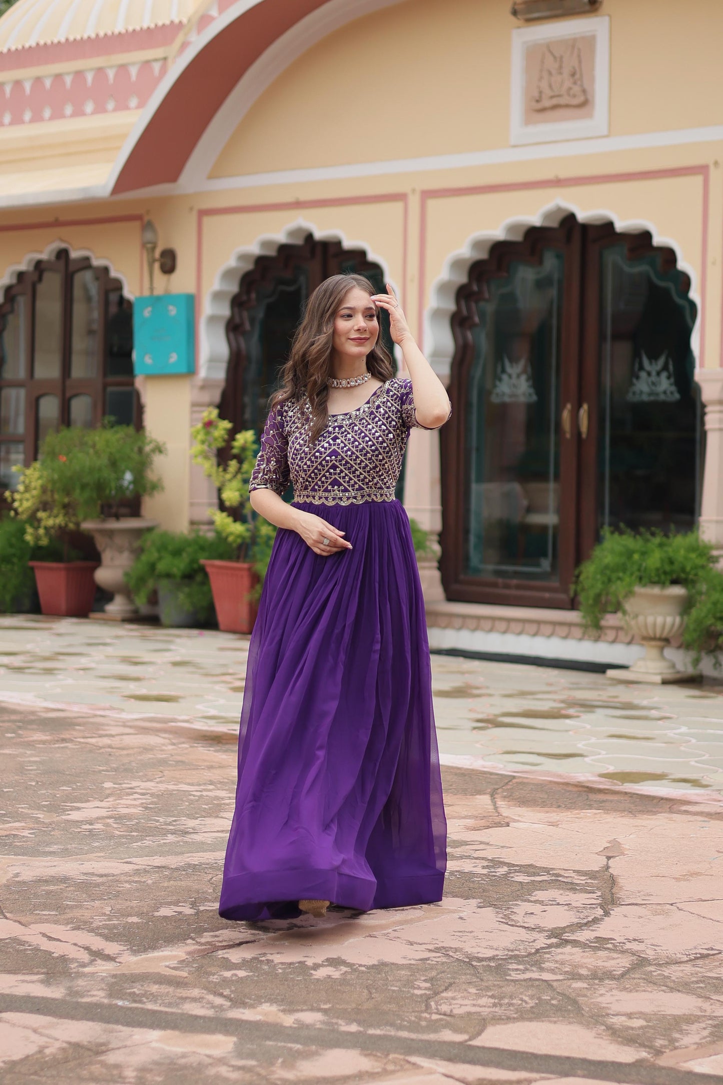 Pink Purple Gown Faux Blooming With Embroidery Zari Sequins Work Party Wear Gown Full stitched  Women's Gown