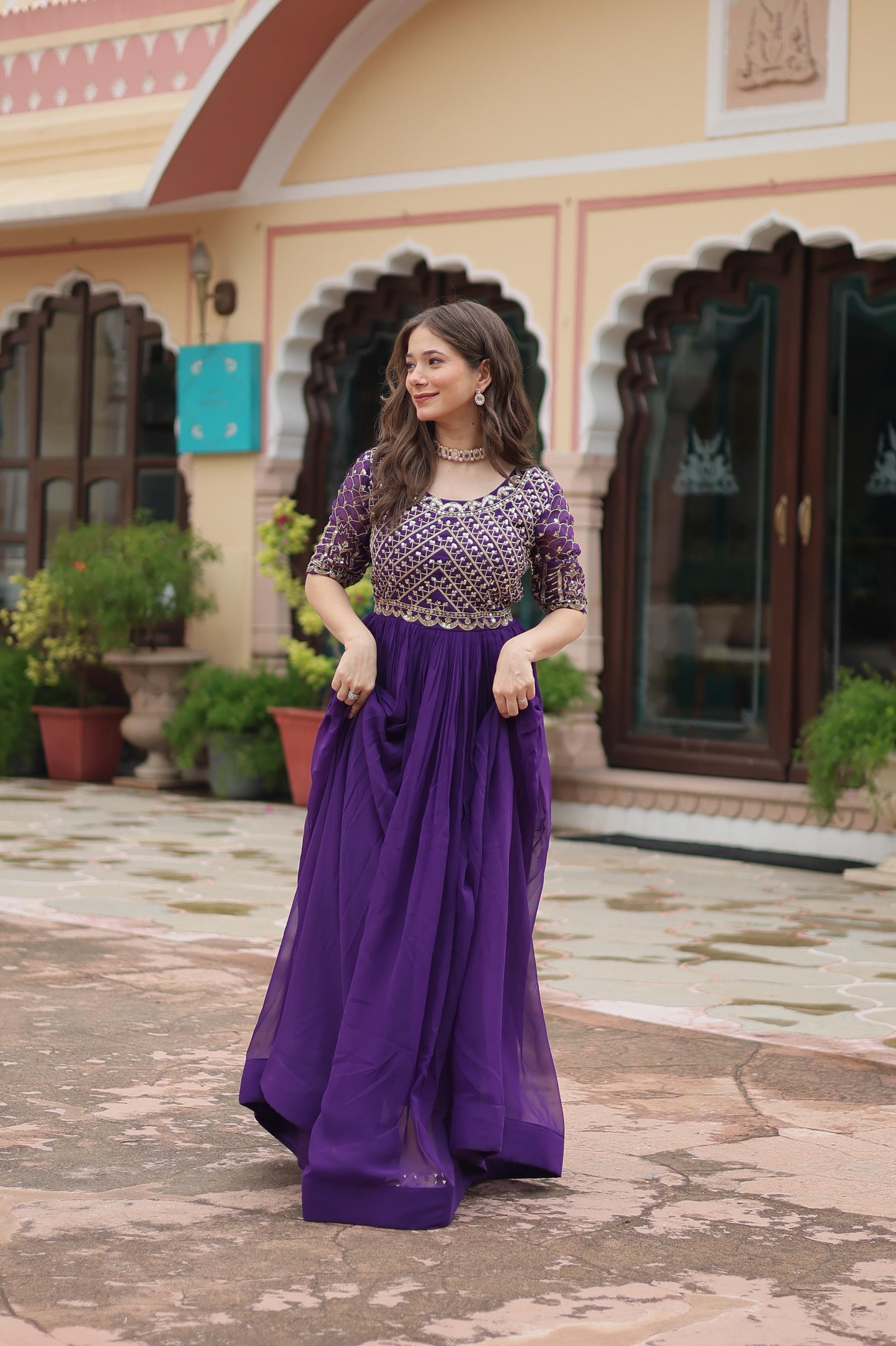 Pink Purple Gown Faux Blooming With Embroidery Zari Sequins Work Party Wear Gown Full stitched  Women's Gown