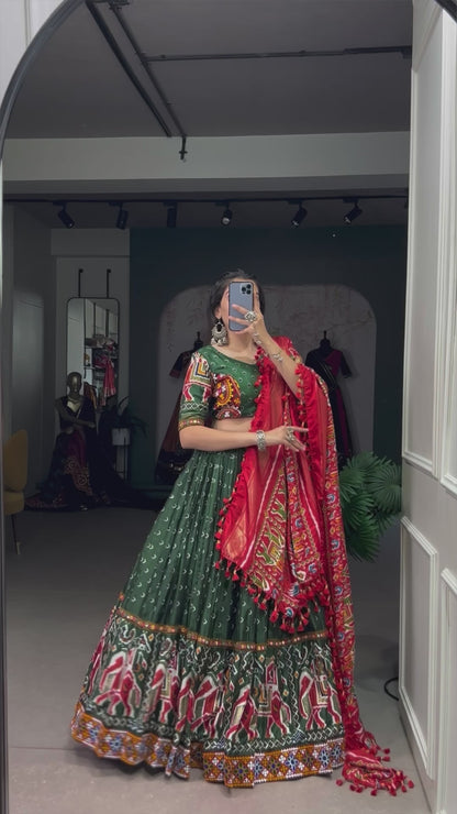 Green Red Lehenga Choli Dola Silk Patola Printed Gamthi Work Lace Border Lahenga Blouse With Dupatta Set