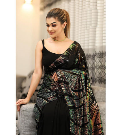 Black Sequins Georgette Partywear New Arrival saree Blouse Collection